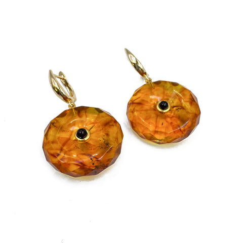 Light Cognac Amber Tablet Dangle Earrings 14K Gold Plated