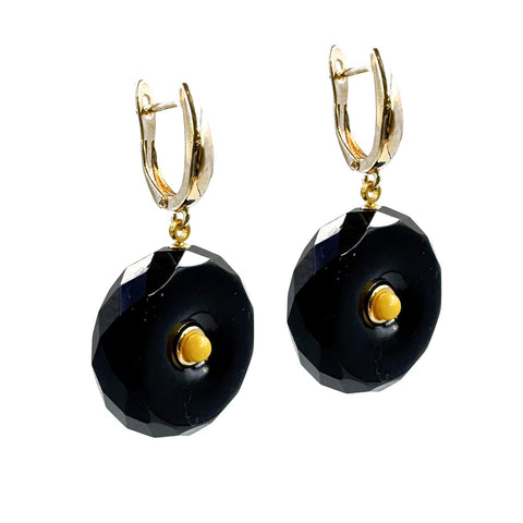 Black Amber Tablet Dangle Earrings 14K Gold Plated