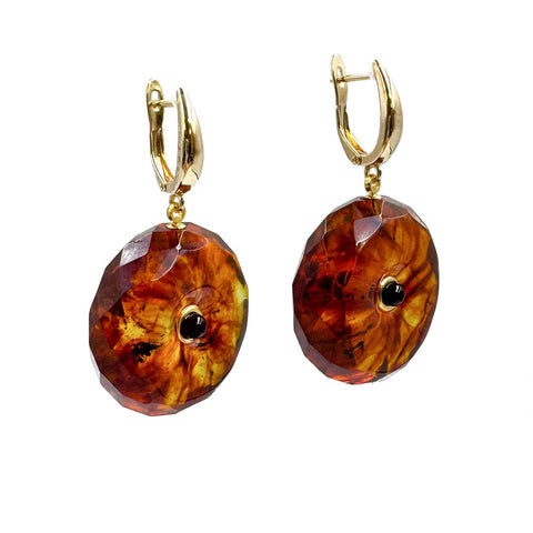 Cognac Amber Tablet Dangle Earrings 14K Gold Plated