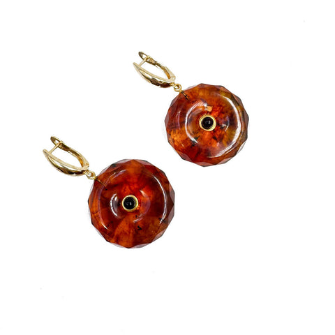 Cognac Amber Tablet Dangle Earrings 14K Gold Plated