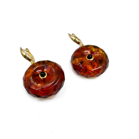 Cognac Amber Tablet Dangle Earrings 14K Gold Plated
