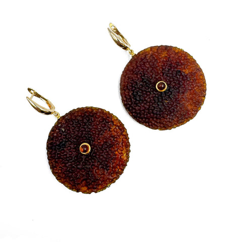 Cognac Amber Tablet Dangle Earrings 14K Gold Plated