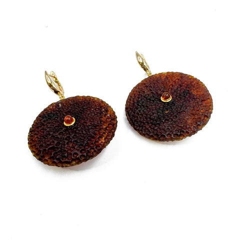 Cognac Amber Tablet Dangle Earrings 14K Gold Plated