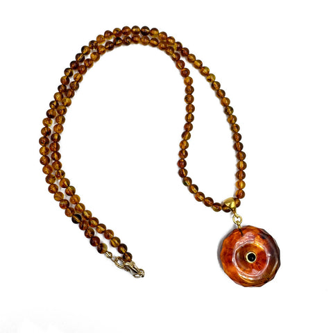 Cognac Amber Tablet Pendant Beaded Necklace 14K Gold Plated