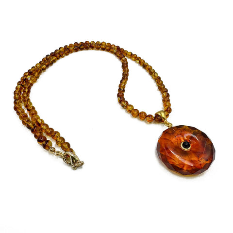 Cognac Amber Tablet Pendant Beaded Necklace 14K Gold Plated