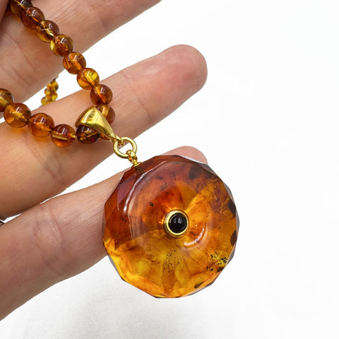 Cognac Amber Tablet Pendant Beaded Necklace 14K Gold Plated