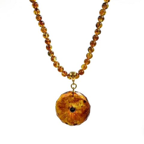 Cognac Amber Tablet Pendant Beaded Necklace 14K Gold Plated