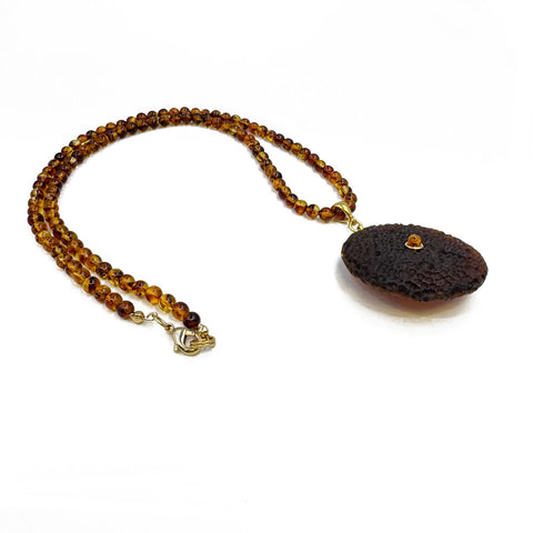 Cognac Amber Tablet Pendant Beaded Necklace 14K Gold Plated