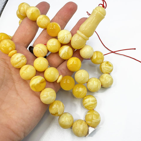 White With Yellow Amber Round Shape 14.5 mm Islamic Prayer Beads