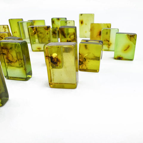 Green Amber Rectangular Shape Cabochons With Insects