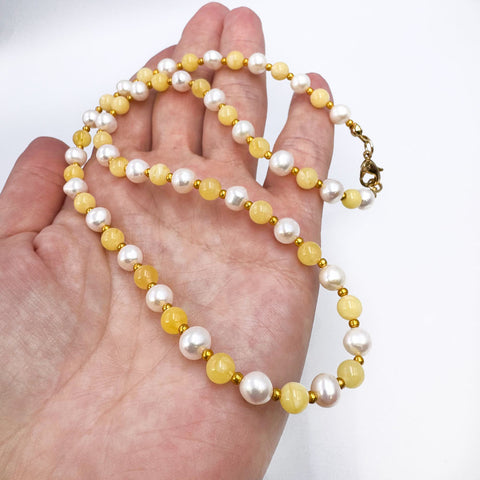 Milky Amber and Pearls Baroque Beads Necklace 14k Gold Plated
