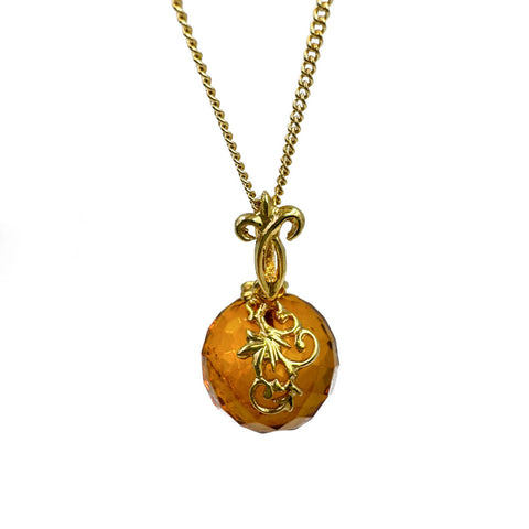Cognac Amber Faceted Round Bead Pendant & Chain Necklace 14K Gold Plated