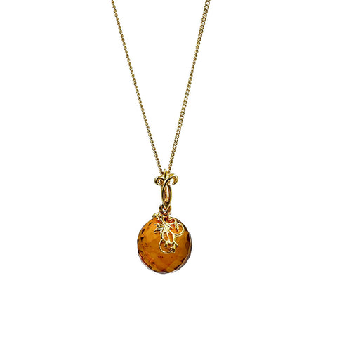 Cognac Amber Faceted Round Bead Pendant & Chain Necklace 14K Gold Plated