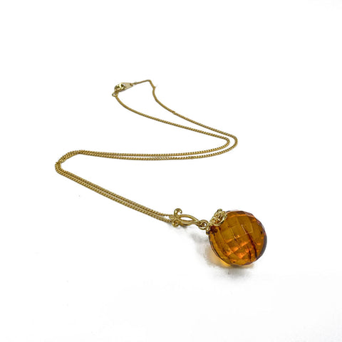 Cognac Amber Faceted Round Bead Pendant & Chain Necklace 14K Gold Plated