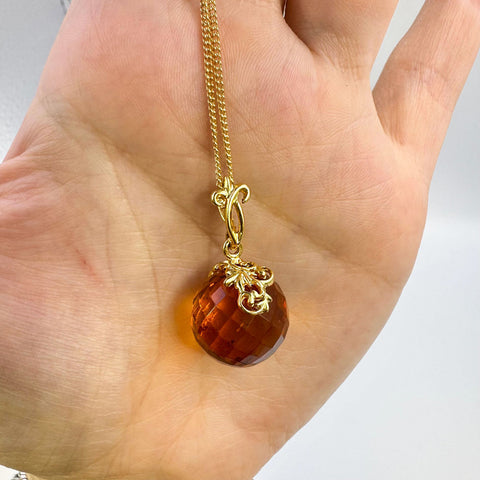 Cognac Amber Faceted Round Bead Pendant & Chain Necklace 14K Gold Plated