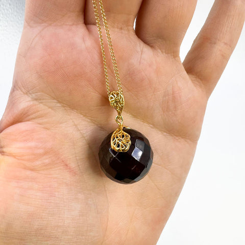 Cherry Amber Faceted Round Pendant & Chain Necklace 14K Gold Plated