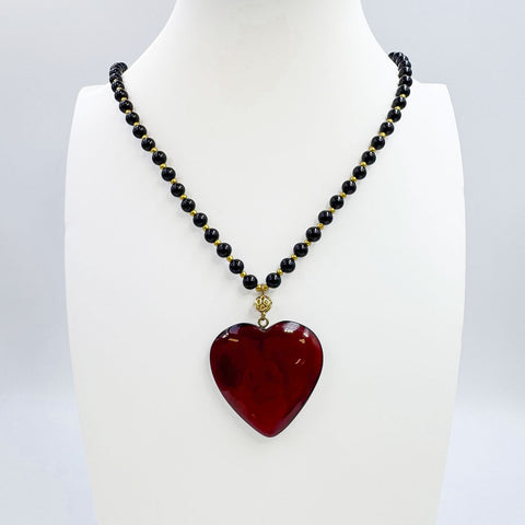 Red & Cherry Amber Heart Pendant Beaded Necklace 14K Gold Plated