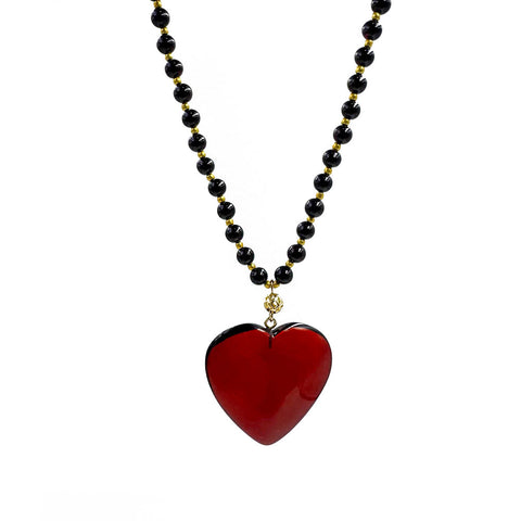 Red & Cherry Amber Heart Pendant Beaded Necklace 14K Gold Plated