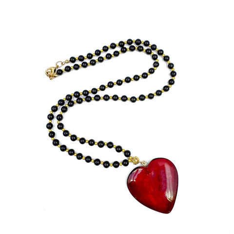 Red & Cherry Amber Heart Pendant Beaded Necklace 14K Gold Plated