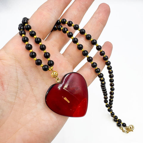 Red & Cherry Amber Heart Pendant Beaded Necklace 14K Gold Plated