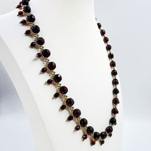 Cherry Amber Faceted Round Beads Necklace 14K Gold Plated