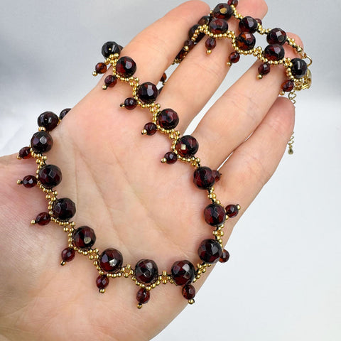 Cherry Amber Faceted Round Beads Necklace 14K Gold Plated