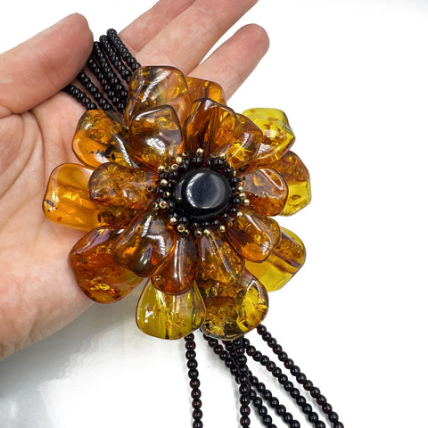 Multi-Color Amber Flower Necklace 14K Gold Plated