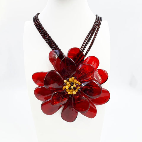 Red Amber Flower Necklace 14K Gold Plated