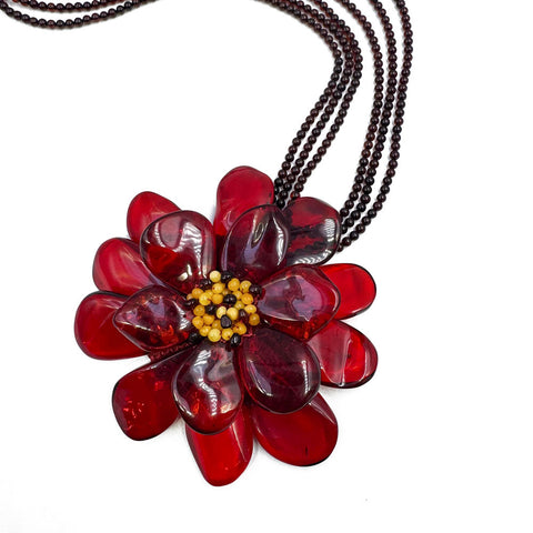 Red Amber Flower Necklace 14K Gold Plated