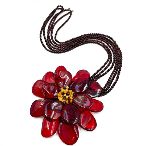 Red Amber Flower Necklace 14K Gold Plated