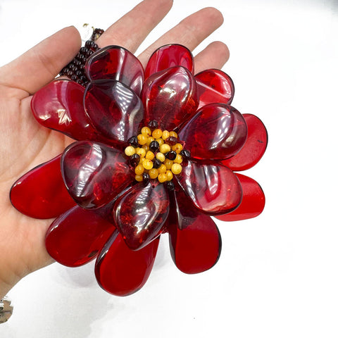 Red Amber Flower Necklace 14K Gold Plated
