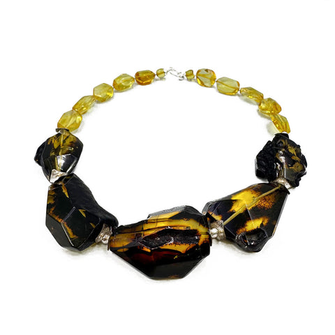 Multi-Color Amber Faceted Nugget Beads Necklace Sterling SIlver