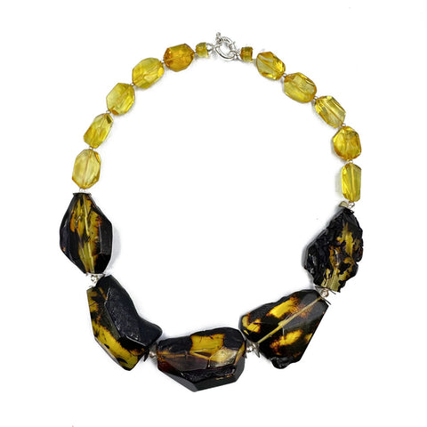 Multi-Color Amber Faceted Nugget Beads Necklace Sterling SIlver