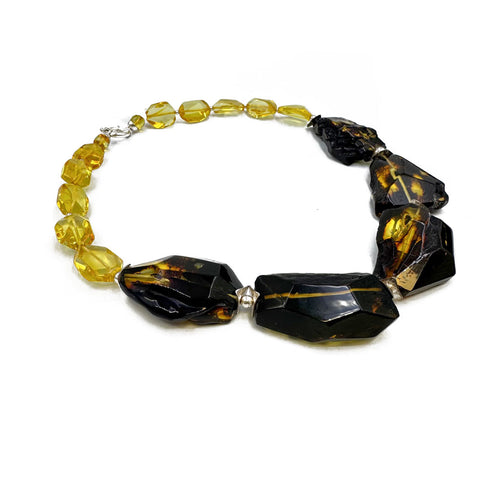 Multi-Color Amber Faceted Nugget Beads Necklace Sterling SIlver