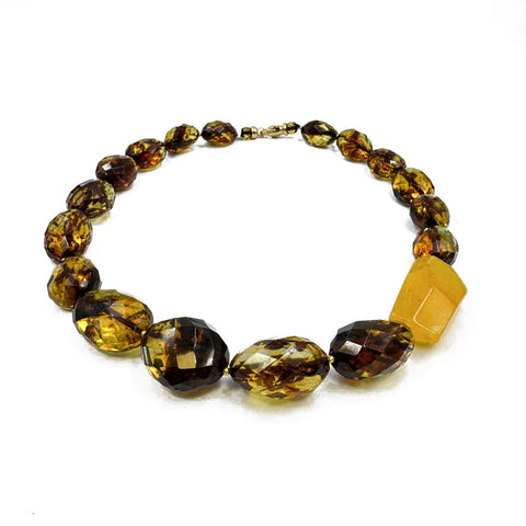 BA Green Amber Faceted Nugget Beads Necklace 14K Gold Plated