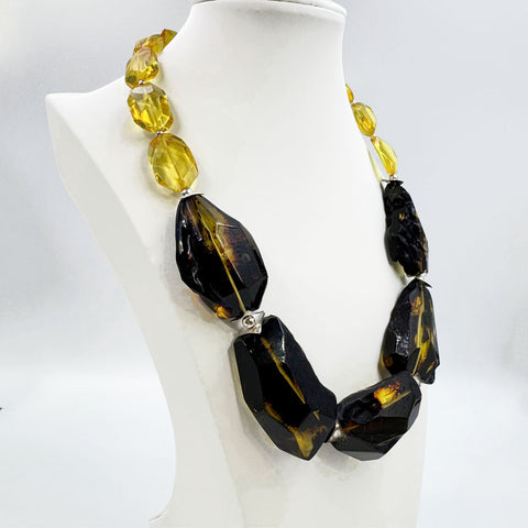 Multi-Color Amber Faceted Nugget Beads Necklace Sterling SIlver