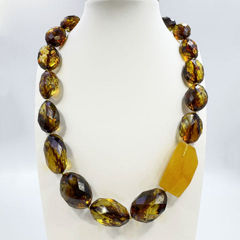 BA Green Amber Faceted Nugget Beads Necklace 14K Gold Plated