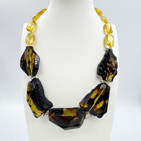 Multi-Color Amber Faceted Nugget Beads Necklace Sterling SIlver