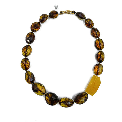 BA Green Amber Faceted Nugget Beads Necklace 14K Gold Plated
