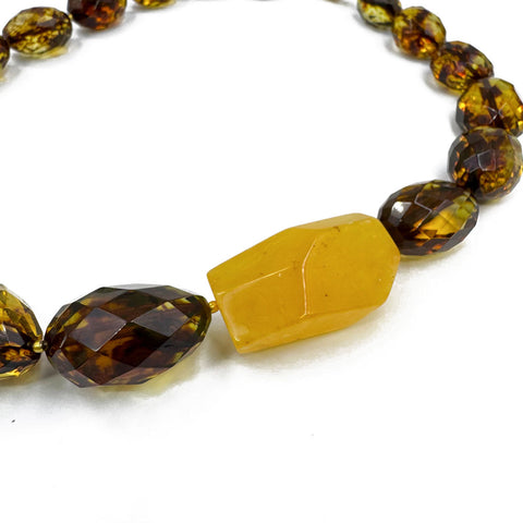 BA Green Amber Faceted Nugget Beads Necklace 14K Gold Plated