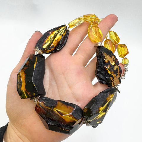 Multi-Color Amber Faceted Nugget Beads Necklace Sterling SIlver