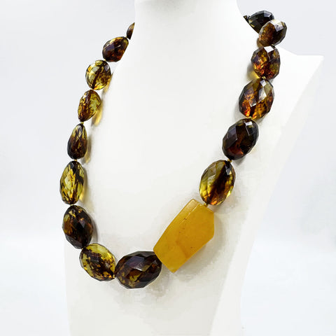 BA Green Amber Faceted Nugget Beads Necklace 14K Gold Plated