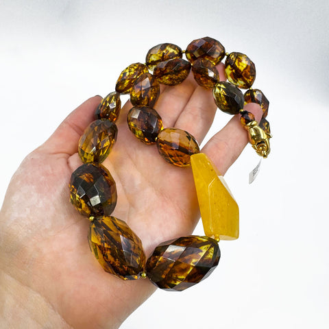 BA Green Amber Faceted Nugget Beads Necklace 14K Gold Plated