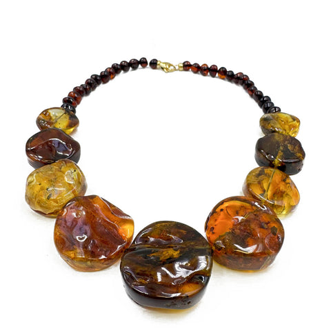 Fossil Amber Tablet Beads Necklace 14k Gold Plated