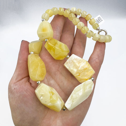 Milky Amber Faceted Nugget Beads Necklace Sterling Silver