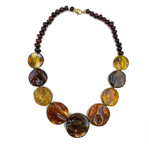 Fossil Amber Tablet Beads Necklace 14k Gold Plated