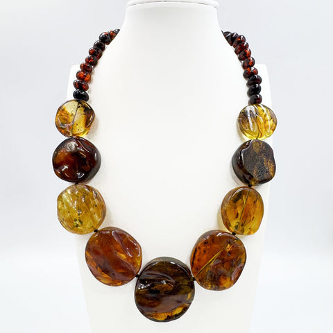Fossil Amber Tablet Beads Necklace 14k Gold Plated