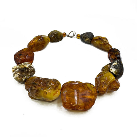 Multi-Color Amber Big Nugget Beads Necklace Sterling Silver