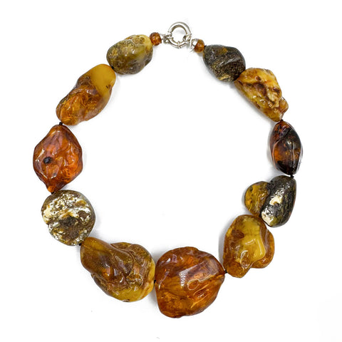 Multi-Color Amber Big Nugget Beads Necklace Sterling Silver