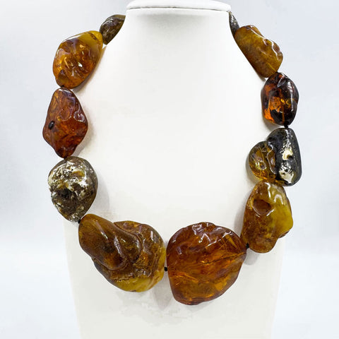 Multi-Color Amber Big Nugget Beads Necklace Sterling Silver